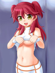 Rule 34 | 00s, 1girl, breasts, cat rice house, clothes lift, clothes pull, freckles, gundam, gundam 00, large breasts, midriff, nekomanma (byougatei), nena trinity, red hair, shirt lift, shirt pull, solo, two side up, underboob, undressing, yellow eyes