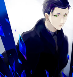Rule 34 | 1boy, asnmfgo, black bow, black hair, black jacket, black neckwear, blue jacket, bow, collared shirt, fate/grand order, fate (series), formal, green eyes, jacket, long sleeves, looking at viewer, male focus, neckwear request, parted lips, sherlock holmes (fate), shirt, short hair, simple background, solo, suit, upper body, white background, white shirt