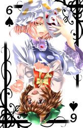 Rule 34 | 2girls, animal ears, bow, bowtie, card, card (medium), cat ears, chen, earrings, fang, fox mask, hat, highres, jewelry, looking at viewer, mask, multiple girls, open mouth, parted lips, paw pose, playing card, rotational symmetry, short hair, simple background, smile, spade, touhou, yakumo ran, yoiti