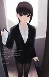 Rule 34 | 1girl, black hair, black jacket, black pantyhose, black skirt, blazer, blunt bangs, cait aron, clipboard, collarbone, collared shirt, commentary, doorway, dress shirt, english commentary, english text, hand up, highres, holding, holding clipboard, jacket, long sleeves, looking at viewer, no nut november, open mouth, pantyhose, rolling suitcase, shirt, skirt, solo, standing, suitcase, tile floor, tiles, white shirt