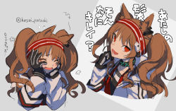 Rule 34 | 1girl, :d, angelina (arknights), animal ear fluff, animal ears, arknights, black shirt, brown hair, cropped torso, flying sweatdrops, grey background, hairband, hands on own face, hands up, husui parashi, jacket, long hair, long sleeves, looking at viewer, multiple views, open clothes, open jacket, open mouth, red eyes, red hairband, shirt, sleeves past wrists, smile, striped clothes, striped hairband, translation request, twintails, twitter username, two-tone background, upper body, white jacket