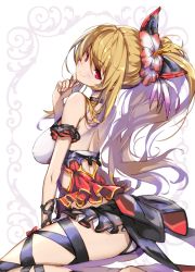 Rule 34 | 10s, 1girl, arm garter, back, bare shoulders, black skirt, blonde hair, bow, breasts, choker, closed mouth, flower, from side, granblue fantasy, hair bow, hair flower, hair ornament, head tilt, hibiscus, hong (white spider), large breasts, long hair, looking at viewer, looking back, microskirt, red eyes, sitting, skirt, smile, solo, vira (granblue fantasy)