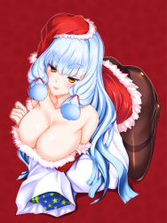 Rule 34 | 1girl, alternate breast size, alternate costume, bare shoulders, black pantyhose, blush, breasts, cleavage, collarbone, fur trim, gift bag, hair ribbon, hakkai, hat, highres, jewelry, kantai collection, large breasts, leaning forward, leaning on object, lips, long hair, looking at viewer, looking up, murakumo (kancolle), aged up, pantyhose, ribbon, ring, santa costume, santa hat, sidelocks, smile, solo, thick eyebrows, thighband pantyhose, tress ribbon, very long hair, wedding band, white hair, yellow eyes