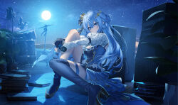 Rule 34 | 1girl, amplifier, blue eyes, blue footwear, blue hair, book, book stack, boots, breasts, cleavage, closed mouth, commentary, crown, cymbals, drum, drum set, from side, full body, full moon, gloves, hair ornament, hair ribbon, heirou, high heel boots, high heels, highres, holding, holding microphone, hololive, hoshimachi suisei, hoshimachi suisei (stellar into the galaxy), instrument, knee up, long hair, looking at viewer, looking to the side, microphone, mini crown, moon, o-ring, o-ring thigh strap, official art, puffy sleeves, ribbon, single glove, sitting, sky, small breasts, smile, solo, speaker, star (sky), star (symbol), star hair ornament, starry sky, symbol-only commentary, thigh boots, thigh strap, virtual youtuber