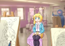 Rule 34 | 1boy, 1girl, :&gt;, ahegao, belt, black thighhighs, blonde hair, blush, blush stickers, breast hold, breasts, classroom, cum, doyagao, drawing, easel, ellen baker, english text, excited, faceless, faceless male, facial, flying sweatdrops, garter straps, green eyes, jacket, large breasts, leiguan, long hair, modeling, new horizon, one eye closed, pencil, ponytail, ryou eno, school, shirt, sitting, sketch, skirt, smile, smug, sparkle, thighhighs, trembling, truth, v
