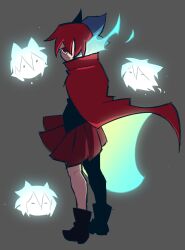 Rule 34 | 1girl, black shirt, blue bow, blue fire, bow, cape, disembodied head, dullahan, fire, from side, full body, grey background, hair bow, highres, looking at viewer, looking to the side, no mouth, pleated skirt, red cape, red eyes, red hair, red skirt, ringed eyes, sekibanki, shirt, short hair, simple background, skirt, solo, standing, taco touhou, touhou