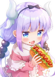 Rule 34 | 1girl, beads, blue eyes, blush, buttons, capelet, center frills, dragon girl, dragon horns, food, frilled capelet, frills, hair beads, hair ornament, highres, holding, holding food, horns, hot dog, kanna kamui, kobayashi-san chi no maidragon, long hair, long sleeves, low twintails, mozukun43, open mouth, purple hair, simple background, solo, tail, twintails, white background