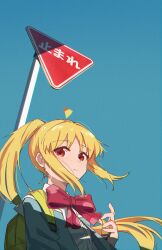 Rule 34 | 1girl, absurdres, ahoge, aqua jacket, backpack, bag, blazer, blonde hair, bocchi the rock!, bow, bowtie, closed mouth, highres, ijichi nijika, jacket, jl tan, long hair, one side up, open clothes, open jacket, outdoors, red bow, red bowtie, red eyes, road sign, sign, solo, stop sign, upper body