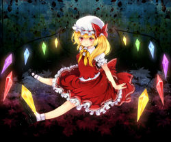Rule 34 | 1girl, ascot, bad id, bad pixiv id, blonde hair, bow, female focus, flandre scarlet, hat, mary janes, red eyes, rira fuuka, shoes, short hair, side ponytail, sitting, skirt, smile, solo, touhou, wings