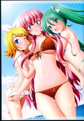 Rule 34 | 3girls, :d, holding another&#039;s arm, arm hug, bikini, blonde hair, blue eyes, breasts, chestnut mouth, cleavage, day, front-tie bikini top, front-tie top, girl sandwich, green hair, hair ribbon, hatsune miku, highres, holding own arm, kagamine rin, large breasts, long hair, looking at viewer, megurine luka, multiple girls, ocean, one eye closed, open mouth, orange bikini, outdoors, pink hair, polka dot, polka dot bikini, polka dot swimsuit, purple eyes, ribbon, ribbon trim, sandwiched, short hair, side-tie bikini bottom, sin-go, small breasts, smile, swimsuit, twintails, underboob, vocaloid, white ribbon