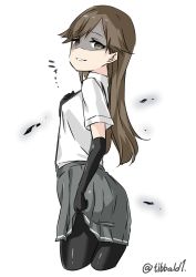 Rule 34 | 10s, 1girl, arashio (kancolle), bad id, bad twitter id, black gloves, black pantyhose, black skirt, breasts, brown eyes, brown hair, cowboy shot, cropped legs, ebifurya, elbow gloves, empty eyes, eyebrows, from side, gloves, hand on own chest, highres, inactive account, kantai collection, long hair, looking at viewer, pantyhose, pleated skirt, shaded face, shirt, short sleeves, simple background, skirt, small breasts, solo, suspender skirt, suspenders, twitter username, white background, white shirt