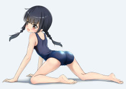 Rule 34 | 1girl, absurdres, all fours, ass, barefoot, black hair, blush, braid, brown eyes, cameltoe, feet, from behind, grey background, highres, kneepits, legs, long hair, looking back, one-piece swimsuit, open mouth, original, retumihari, school swimsuit, simple background, soles, solo, swimsuit, toes, twintails