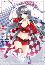 Rule 34 | 1girl, absurdres, bandeau, black bandeau, blue eyes, breasts, checkered flag, clannad, cleavage, cropped jacket, flag, full body, gloves, hairband, highres, jacket, long hair, looking at viewer, medium breasts, midriff, navel, open clothes, open jacket, otou (otou san), race queen, red jacket, red shorts, sakagami tomoyo, short shorts, shorts, silver hair, solo, thighhighs, white gloves, white thighhighs
