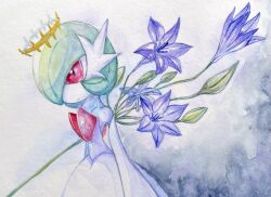 Rule 34 | 1girl, artist name, bare shoulders, blue flower, bob cut, closed mouth, colored skin, creatures (company), dress, elbow gloves, female focus, flat chest, flower, from side, game freak, gardevoir, gen 3 pokemon, gloves, green hair, hair over one eye, halo, highres, lily (flower), mega gardevoir, mega pokemon, nintendo, one eye covered, painting (medium), pokemon, pokemon (creature), ras (my-your-music), red eyes, short hair, signature, simple background, solo, standing, strapless, strapless dress, traditional media, upper body, watercolor (medium), white background, white dress, white gloves, white skin