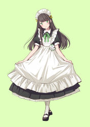 Rule 34 | 1girl, alternate costume, apron, black dress, black footwear, blush, brown hair, closed mouth, copyright request, crossed legs, dress, enmaided, frilled apron, frills, full body, green background, green eyes, head tilt, highres, kazuharu kina, long hair, maid, maid apron, maid headdress, pantyhose, puffy short sleeves, puffy sleeves, shoes, short sleeves, simple background, smile, solo, standing, twitter username, very long hair, virtual youtuber, white apron, white pantyhose