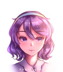 Rule 34 | 1girl, absurdres, artist name, blush, closed mouth, commentary request, cropped shoulders, evermythic, hair between eyes, hairband, highres, huge filesize, light smile, looking to the side, portrait, purple eyes, purple hair, rainbow gradient, short hair, simple background, solo, tenkyuu chimata, touhou, white background