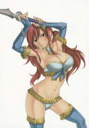 Rule 34 | 1girl, armpits, blush, breasts, brown eyes, cleavage, detached sleeves, erza scarlet, fairy tail, female focus, holding, holding sword, holding weapon, large breasts, long hair, looking at viewer, mashima hiro, navel, open mouth, red hair, simple background, solo, sword, thighhighs, weapon, white background