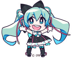 Rule 34 | 39 music (vocaloid), aqua eyes, aqua hair, arms up, bare shoulders, black bow, black skirt, black thighhighs, boots, bow, cable, chibi, commentary, crypton future media, dress, framed breasts, frilled skirt, frills, full body, gloves, hair bow, hatsune miku, headphones, hoop skirt, long hair, looking at viewer, magical mirai (vocaloid), magical mirai miku, mago, magical mirai miku (2016), official art, open mouth, outstretched arms, skirt, sleeveless, sleeveless dress, smile, solo, standing, thigh boots, thighhighs, twintails, very long hair, vocaloid, white background, white gloves, white thighhighs