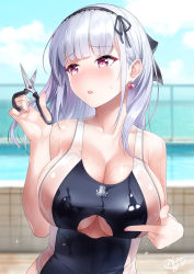 Rule 34 | 1girl, azur lane, black hairband, blush, breasts, cleavage, clothing cutout, collarbone, commentary request, competition swimsuit, dido (azur lane), earrings, hairband, heart, heart earrings, highres, jewelry, large breasts, one-piece swimsuit, open mouth, paizuri invitation, pointing, pool, purple eyes, scissors, shirosaba, short hair, signature, solo, swimsuit, underboob, underboob cutout, white hair