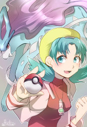 Rule 34 | 1990s (style), 1girl, artist name, blue eyes, blue hair, breasts, clenched hand, creatures (company), game freak, gen 2 pokemon, grey background, hat, hoshino (pixiv12796893), kris (pokemon), legendary pokemon, long hair, long sleeves, looking at viewer, medium breasts, nintendo, open mouth, poke ball, poke ball (basic), pokemon, pokemon (creature), pokemon gsc, purple hair, red eyes, retro artstyle, signature, smile, suicune, twintails, yellow hat