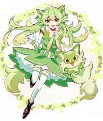 Rule 34 | 1girl, :d, animal ear fluff, animal ears, boots, brown footwear, commentary request, creature and personification, creatures (company), dress, elbow gloves, eyelashes, fangs, frills, game freak, gloves, green dress, green hair, happy, haruto irasuto, long hair, looking at viewer, nintendo, open mouth, personification, pokemon, red eyes, smile, sprigatito, thighhighs, white gloves, white thighhighs