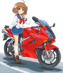 Rule 34 | 1girl, ahoge, bakuon!!, blouse, blue eyes, blue skirt, bow, bowtie, brown footwear, brown hair, closed mouth, commentary request, hair ornament, hand on own chest, highres, honda, honda vfr, jewelry, loafers, logo, long sleeves, looking at viewer, loose socks, mikeran (mikelan), miniskirt, motor vehicle, motorcycle, ornate ring, partial commentary, pleated skirt, red bow, red bowtie, ring, road, sakura hane, school uniform, serafuku, shadow, shirt, shoes, short hair, single horizontal stripe, skirt, smile, socks, solo, standing, white background, white legwear, white shirt, wing hair ornament
