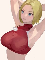 Rule 34 | 1girl, armpits, arms behind head, blonde hair, blue eyes, blue mary, breasts, highres, jewelry, large breasts, midriff, necklace, smile, snk, solo, the king of fighters