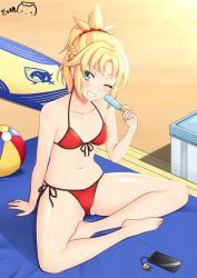 Rule 34 | 1girl, arm support, ball, beach mat, beachball, bikini, blonde hair, blush, braid, breasts, cameltoe, cellphone, cooler, covered erect nipples, fate/grand order, fate (series), food, front-tie bikini top, front-tie top, green eyes, grin, half updo, halterneck, head tilt, highres, indian style, looking at viewer, medium breasts, mordred (fate), mordred (fate) (all), mordred (fate/apocrypha), mordred (swimsuit rider) (fate), mordred (swimsuit rider) (first ascension) (fate), navel, one eye closed, phone, popsicle, ppshex, red bikini, scrunchie, side-tie bikini bottom, side-tie bottom, signature, sitting, smartphone, smile, solo, string bikini, surfboard, swimsuit