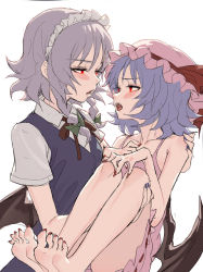 Rule 34 | 2girls, bare legs, barefoot, bat wings, blue hair, blue nails, bow, braid, camisole, carrying, eye contact, fangs, feet, fkey, green bow, hair bow, half-closed eyes, hat, hat ribbon, izayoi sakuya, looking at another, lower teeth only, maid headdress, mob cap, multiple girls, nail polish, princess carry, red eyes, red nails, red ribbon, remilia scarlet, ribbon, short sleeves, silver hair, simple background, teeth, toenail polish, toenails, toes, touhou, twin braids, upper teeth only, white background, wings, yuri