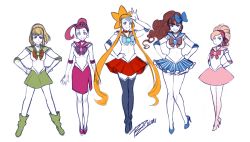 Rule 34 | 5girls, ahoge, arms behind back, bandana, bishoujo senshi sailor moon, bliss barson, blue sailor collar, blue skirt, boots, bow, breasts, brown bow, brown hair, choker, cosplay, cryamore, curly hair, deseret amoir, earrings, elbow gloves, esmyrelda maximus, eyeshadow, flat color, forehead jewel, freckles, gloves, green footwear, green skirt, hair bow, hair bun, hairband, hand on own hip, hands on own hips, high heels, huge ahoge, jewelry, long hair, magical girl, makeup, md5 mismatch, medium breasts, mole, multiple girls, orange hair, pleated skirt, red hair, red skirt, reiva woodbrick, robaato, sailor collar, sailor jupiter, sailor jupiter (cosplay), sailor mars, sailor mars (cosplay), sailor mercury, sailor mercury (cosplay), sailor moon, sailor moon (cosplay), sailor senshi, sailor senshi (cosplay), sailor venus, sailor venus (cosplay), sidelocks, signature, skirt, smile, sorbet la carelle, stiletto heels, striped, thigh boots, thighhighs, tiara, vertical stripes, very long hair, white choker