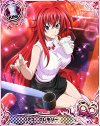 Rule 34 | 10s, 1girl, ahoge, alternate costume, artist request, belt, black skirt, blue eyes, breasts, card (medium), character name, chess piece, covered erect nipples, high school dxd, high school dxd infinity, jewelry, king (chess), large breasts, long hair, official art, red hair, rias gremory, skirt, trading card, very long hair