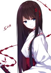 Rule 34 | 1girl, blood, blue eyes, brown hair, caidychen, english text, gradient hair, hair ornament, hair ribbon, hairclip, japanese clothes, katana, long hair, long sleeves, looking at viewer, miko, multicolored hair, original, ribbon, simple background, solo, swept bangs, sword, text focus, upper body, weapon, white background