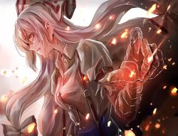 Rule 34 | 1girl, bad id, bad twitter id, bandages, bandaged arm, bandages, bow, breasts, dress shirt, fire, from side, fujiwara no mokou, hair bow, jan (lightdragoon), light smile, long hair, looking away, medium breasts, parted lips, profile, puffy short sleeves, puffy sleeves, red eyes, shirt, short sleeves, solo, suspenders, touhou, upper body, very long hair, white hair, white shirt