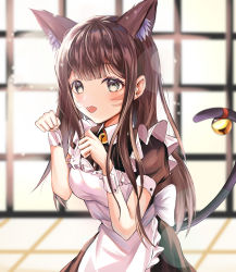 Rule 34 | 1girl, absurdres, animal ear fluff, animal ears, apron, bad id, bad pixiv id, bell, black dress, blunt bangs, blurry, blurry background, blush, breasts, brown hair, cat ears, cat girl, cat tail, commentary request, cowboy shot, depth of field, derivative work, dress, facial mark, fang, frilled apron, frills, grey eyes, hands up, harui (huruyi 817), highres, indoors, jingle bell, long hair, looking at viewer, maid, maid apron, neck bell, open mouth, original, paw pose, puffy short sleeves, puffy sleeves, short sleeves, sidelocks, skin fang, smile, solo, tail, tail bell, tail ornament, whisker markings, white apron, wrist cuffs