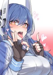 Rule 34 | 1girl, absurdres, black gloves, blue hair, blush, breasts, breath, commentary request, fingerless gloves, girls&#039; frontline, gloves, gradient background, hair between eyes, headgear, heart, heart-shaped pupils, heavy breathing, highres, index finger raised, jacket, jingo, large breasts, long hair, long sleeves, looking at viewer, open mouth, shirt, simple background, smile, solo, symbol-shaped pupils, tar-21 (girls&#039; frontline), tongue, tongue out, upper body, yellow eyes