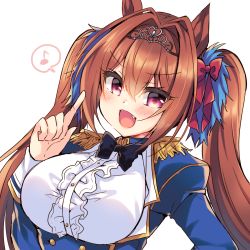 Rule 34 | 1girl, :d, animal ears, black bow, black bowtie, blue jacket, blush, bow, bowtie, breasts, brown hair, center frills, commentary request, daiwa scarlet (umamusume), eighth note, fang, frills, hair bow, hair intakes, hand up, highres, horse ears, index finger raised, jacket, juliet sleeves, large breasts, long hair, long sleeves, musical note, open mouth, puffy sleeves, purple eyes, red bow, shirt, simple background, sleeves past wrists, smile, solo, spoken musical note, suzunone rena, tiara, twintails, umamusume, upper body, white background, white shirt