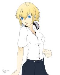 Rule 34 | 1girl, aegis (persona), blonde hair, blue eyes, dh (brink of memories), highres, lips, persona, persona 3, personification, shirt, short hair, short sleeves, skirt, smile, solo