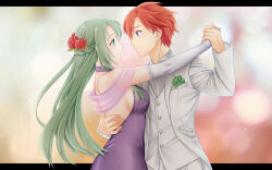 Rule 34 | 1boy, 1girl, alternate costume, backless dress, backless outfit, bare shoulders, blue eyes, breasts, cecilia (fire emblem), dress, dress shirt, eye contact, face-to-face, fire emblem, fire emblem: the binding blade, formal, green eyes, green hair, ham pon, hand on another&#039;s back, hetero, highres, holding hands, hug, jacket, long hair, looking at another, medium breasts, nintendo, purple dress, red hair, roy (fire emblem), shirt, sideboob, simple background, sleeveless, sleeveless shirt, suit, suit jacket, tuxedo, white shirt