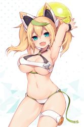 Rule 34 | 1girl, :d, armband, armpits, arms up, bad id, bad twitter id, ball, beachball, bikini, blonde hair, blue eyes, breasts, cleavage, contrapposto, cowboy shot, criss-cross halter, fang, gene (pso2), halterneck, halterneck, headgear, large breasts, muryotaro, navel, open mouth, phantasy star, phantasy star online 2, smile, solo, standing, sweat, swimsuit, thighlet, twintails, underboob, wristband