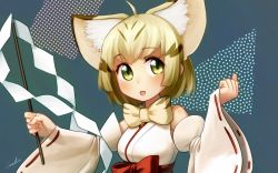 Rule 34 | 10s, 1girl, animal ears, blonde hair, bow, bowtie, cat ears, commentary, detached sleeves, extra ears, gohei, japanese clothes, kemono friends, looking at viewer, miko, open mouth, ribbon-trimmed sleeves, ribbon trim, sand cat (kemono friends), short hair, solo, upper body, welt (kinsei koutenkyoku), wide sleeves, yellow eyes