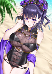 Rule 34 | 1girl, absurdres, armlet, bare shoulders, beach, black gloves, black hair, black one-piece swimsuit, blush, breasts, closed mouth, covered navel, fate/grand order, fate (series), fingerless gloves, flower, gloves, gold trim, hair flower, hair ornament, hair up, half gloves, highleg, highleg swimsuit, highres, large breasts, long hair, looking at viewer, murasaki shikibu (fate), murasaki shikibu (swimsuit rider) (fate), murasaki shikibu (swimsuit rider) (first ascension) (fate), one-piece swimsuit, palm tree, purple eyes, purple hair, shawl, shore, smile, swimsuit, thighs, tree, xiao gen