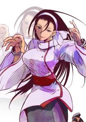 Rule 34 | 1girl, bangle, black hair, blue eyes, bracelet, breasts, chinese clothes, cowboy shot, earrings, female focus, gradient background, hair slicked back, hairband, jewelry, kagehi no loo, kagura chizuru, large breasts, long hair, simple background, solo, the king of fighters, zoom layer
