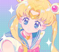 Rule 34 | 1girl, bishoujo senshi sailor moon, blonde hair, blue background, blue eyes, blue sailor collar, blush, bow, bowtie, breasts, choker, circlet, cleavage, collarbone, collared shirt, crescent, crescent earrings, dangle earrings, derivative work, double bun, earrings, eyelashes, gradient background, hair bun, hair ornament, heart, heart choker, heart in eye, highres, jewelry, long hair, magical girl, medium breasts, meme, open mouth, pink lips, polka dot, polka dot background, purple background, red bow, red bowtie, red choker, sailor collar, sailor moon, sailor moon redraw challenge (meme), sailor shirt, screenshot redraw, shirt, short sleeves, solo, sparkle, sparkling eyes, symbol in eye, tearing up, teeth, twintails, twitter username, upper body, white shirt, white sleeves, yeshisi