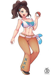 Rule 34 | 1girl, black hair, breasts, candice (pokemon), cosplay, creatures (company), crop top, flannery (pokemon), flannery (pokemon) (cosplay), game freak, high ponytail, large breasts, nintendo, open mouth, pants, poke ball, pokemon, pokemon dppt, pokemon oras, revolverwing, shoes, teeth, upper teeth only