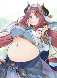 Rule 34 | 1girl, aqua eyes, blue skirt, blush, breasts, character request, closed mouth, commentary request, copyright request, food, food on face, genshin impact, green background, highres, holding, holding food, horns, kurokaze no sora, large breasts, long hair, long sleeves, looking at viewer, navel, nilou (genshin impact), plump, red hair, skirt, solo, upper body, white background