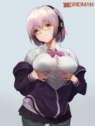 Rule 34 | 10s, 1girl, :3, absurdres, bad id, bad pixiv id, black pantyhose, black skirt, blush, bow, bowtie, breast lift, breasts, closed mouth, collared shirt, commentary request, copyright name, cowboy shot, dress shirt, glasses, grey background, gridman universe, head tilt, headphones, highres, jacket, large breasts, long sleeves, miniskirt, off shoulder, open clothes, open jacket, pantyhose, partially unbuttoned, pink-framed eyewear, pink bow, pink bowtie, pink hair, pleated skirt, purple jacket, red eyes, school uniform, seductive smile, semi-rimless eyewear, shinjou akane, shirt, short hair, simple background, skirt, smile, solo, ssss.gridman, under-rim eyewear, uthy, white shirt, wing collar, zipper pull tab