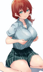 Rule 34 | 1girl, absurdres, blush, breasts, closed mouth, collared shirt, emma verde, green eyes, green shirt, green skirt, highres, kneeling, large breasts, long hair, looking at viewer, love live!, love live! nijigasaki high school idol club, miniskirt, namazu (yamasonson), plaid, plaid skirt, red hair, shirt, shirt tucked in, short sleeves, simple background, skirt, smile, solo, thighs, white background