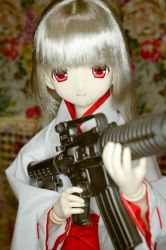 Rule 34 | 1girl, albino, assault rifle, doll, doll joints, female focus, gun, japanese clothes, joints, kimono, m4 carbine, pale skin, photo (medium), red eyes, rifle, smile, solo, weapon, white hair