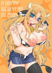 Rule 34 | 00s, 1girl, 2009, animal ears, animal print, bell, bikini, blonde hair, blue eyes, breast lift, breasts, cow ears, cow girl, cow print, cow tail, cowbell, denim, denim shorts, huge breasts, large areolae, long hair, nipples, onomeshin, original, shorts, smile, solo, swimsuit, tail