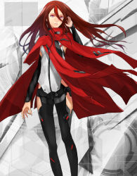 Rule 34 | 1girl, arm at side, arm up, bad id, bad pixiv id, belt, black pants, cape, contrapposto, detached sleeves, floating hair, hand in own hair, harmony (itou keikaku), kirie tuan, long hair, long sleeves, pants, purple eyes, red cape, red hair, solo, standing, tanikku, torn cape, torn clothes, tuan kirie